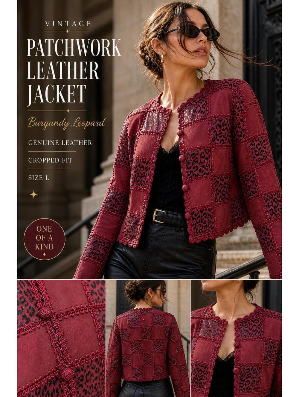 Vintage Patchwork Leather Jacket Burgundy Leopard Print Boho Size L